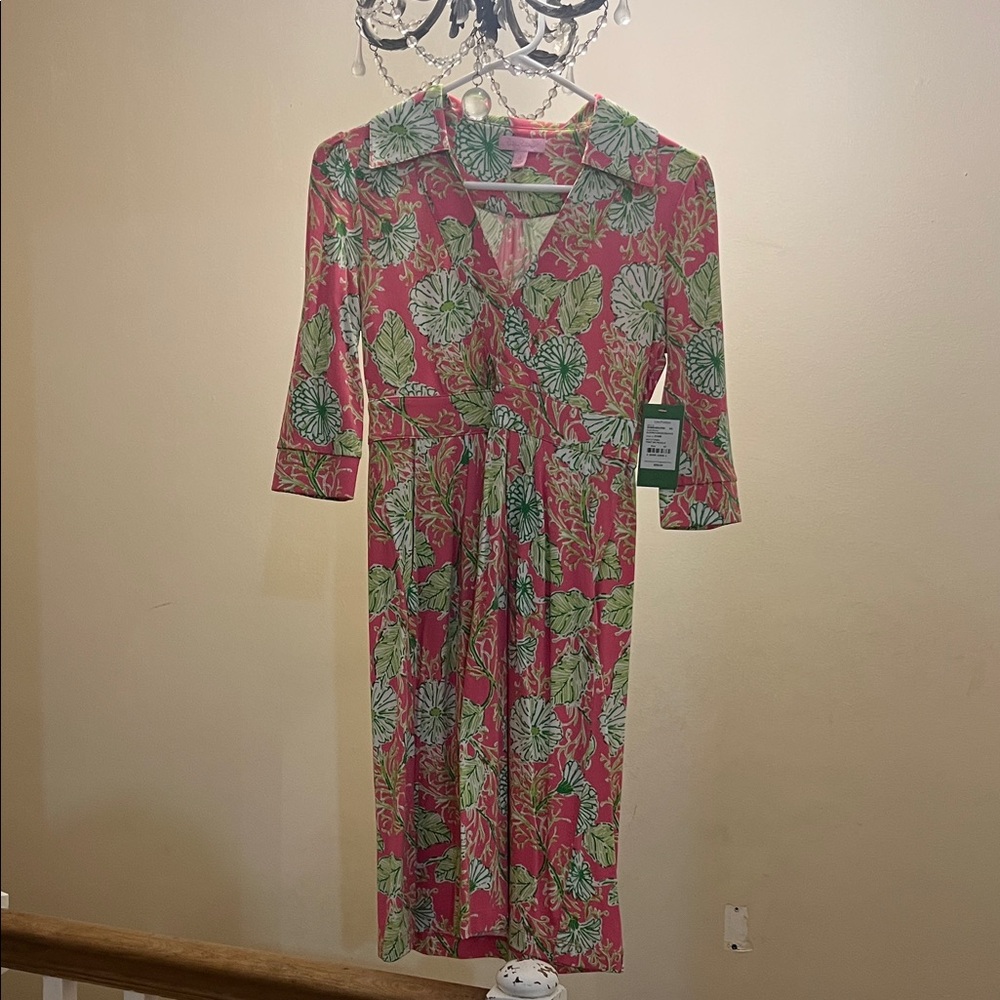 Lilly Pulitzer Pink Floral Midi Dress with Green Leaf Print